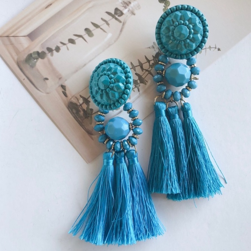Blue Tassel Statement Earrings